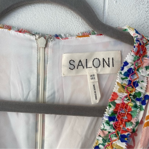 Saloni Lea Smocked Floral Print Crepe Mini Dress Sz. 2 White Orange Pink V Neck - Picture 6 of 16